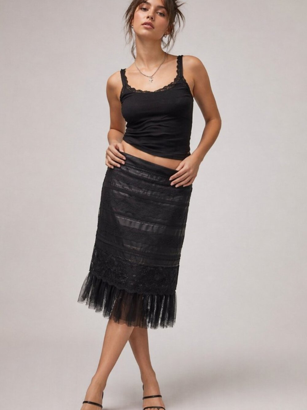 Vintage Express Y2K Lace Midi Skirt Women 5/6 Black Silk Sheer Overlay Tulle Hem